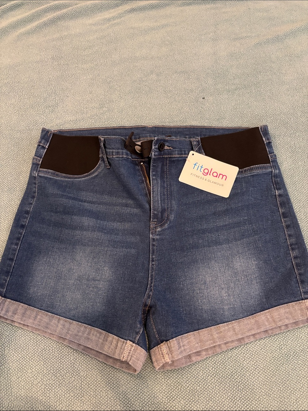 Fitglam Blue Denim Shorts with Black Waist Panels